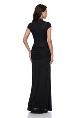 Aliya Black Ruched Maxi Dress with 3D Petals