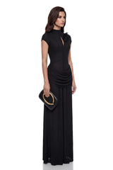 Aliya Black Ruched Maxi Dress with 3D Petals