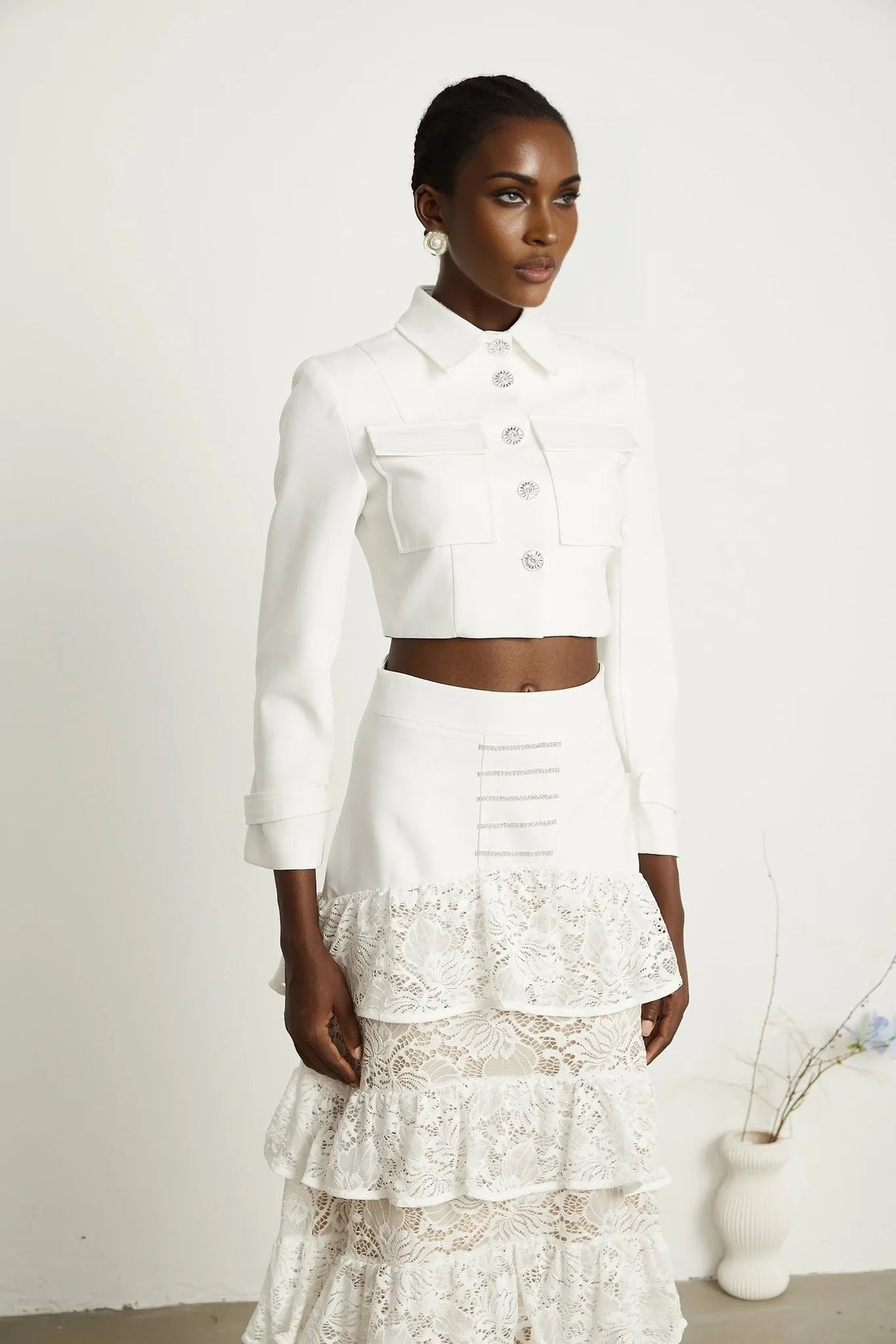 Aliyah Jacket & Skirt Set - Classic Collar - Rhinestone Embellished - Tiered Design - Silver - Tone Buttons - Ruffled Detailing
