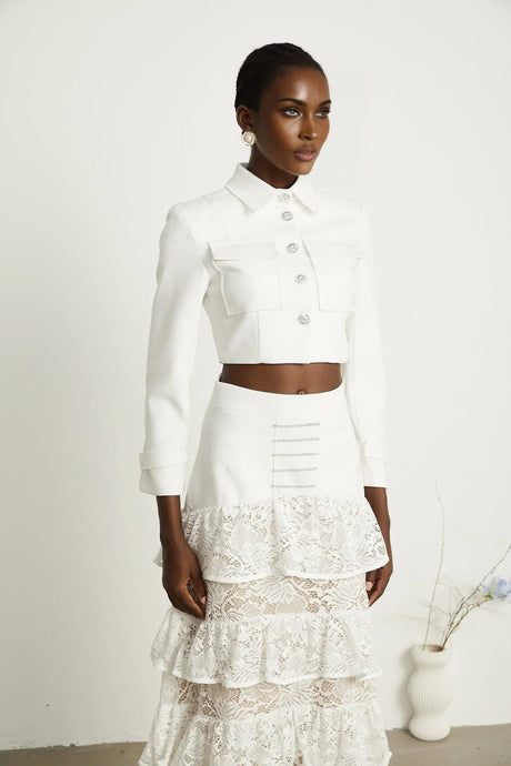 Aliyah Jacket & Skirt Set - Classic Collar - Rhinestone Embellished - Tiered Design - Silver - Tone Buttons - Ruffled Detailing