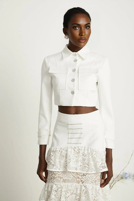 Aliyah Jacket & Skirt Set - Classic Collar - Rhinestone Embellished - Tiered Design - Silver - Tone Buttons - Ruffled Detailing