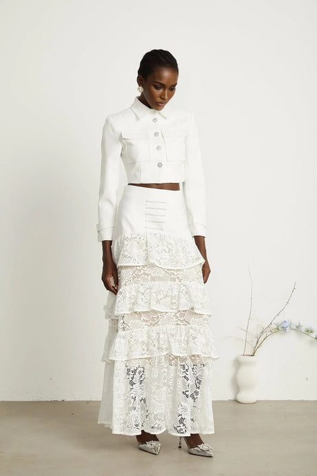 Aliyah Jacket & Skirt Set - Classic Collar - Rhinestone Embellished - Tiered Design - Silver - Tone Buttons - Ruffled Detailing