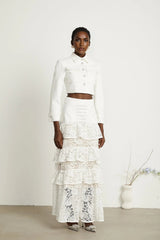 Aliyah Jacket & Skirt Set - Classic Collar - Rhinestone Embellished - Tiered Design - Silver - Tone Buttons - Ruffled Detailing