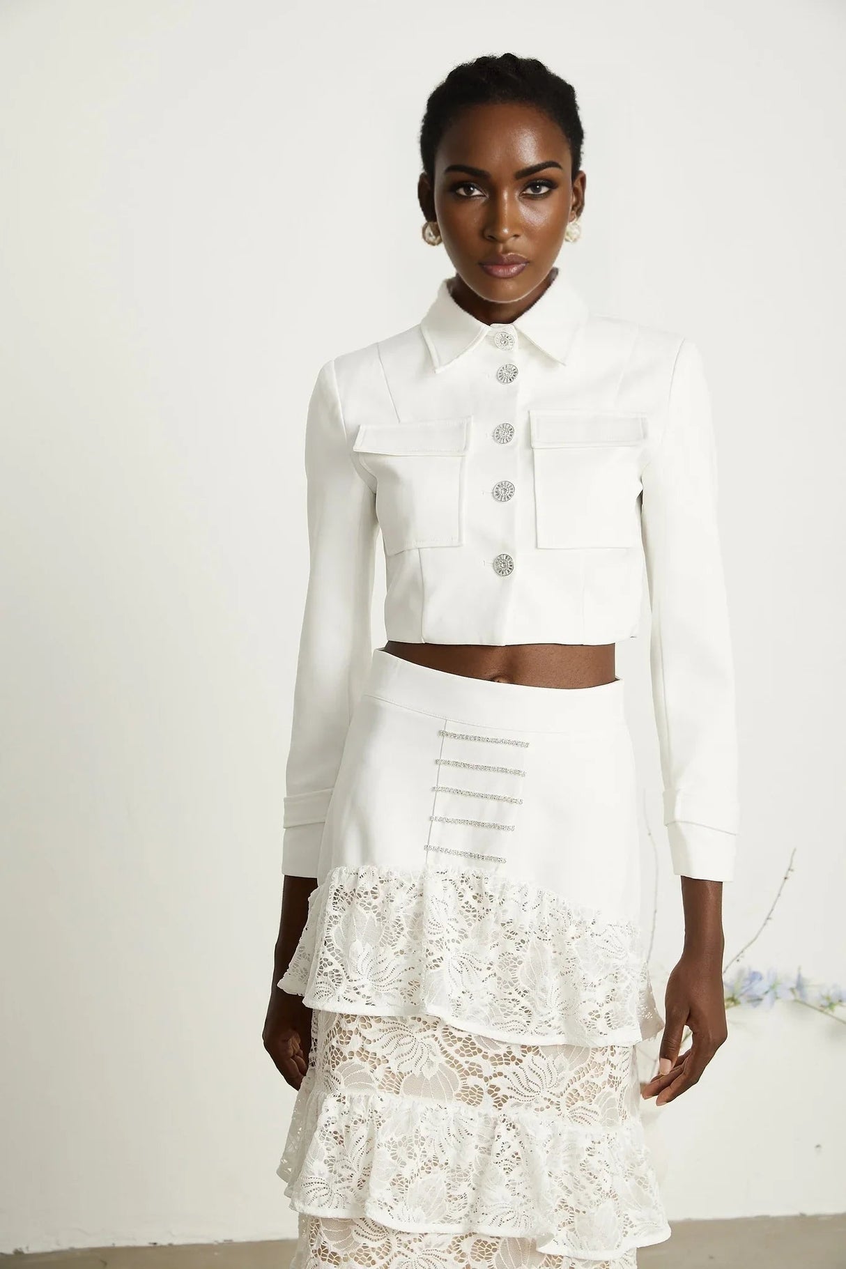Aliyah Jacket & Skirt Set - Classic Collar - Rhinestone Embellished - Tiered Design - Silver - Tone Buttons - Ruffled Detailing