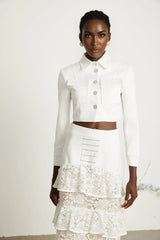Aliyah Jacket & Skirt Set - Classic Collar - Rhinestone Embellished - Tiered Design - Silver - Tone Buttons - Ruffled Detailing