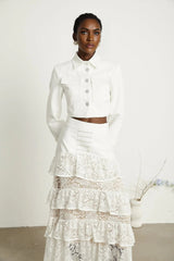 Aliyah Jacket & Skirt Set - Classic Collar - Rhinestone Embellished - Tiered Design - Silver - Tone Buttons - Ruffled Detailing