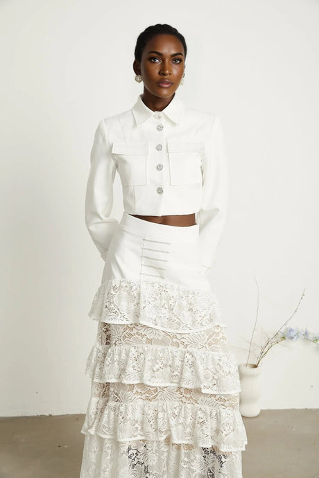 Aliyah Jacket & Skirt Set - Classic Collar - Rhinestone Embellished - Tiered Design - Silver - Tone Buttons - Ruffled Detailing