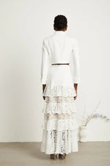 Aliyah Jacket & Skirt Set - Classic Collar - Rhinestone Embellished - Tiered Design - Silver - Tone Buttons - Ruffled Detailing