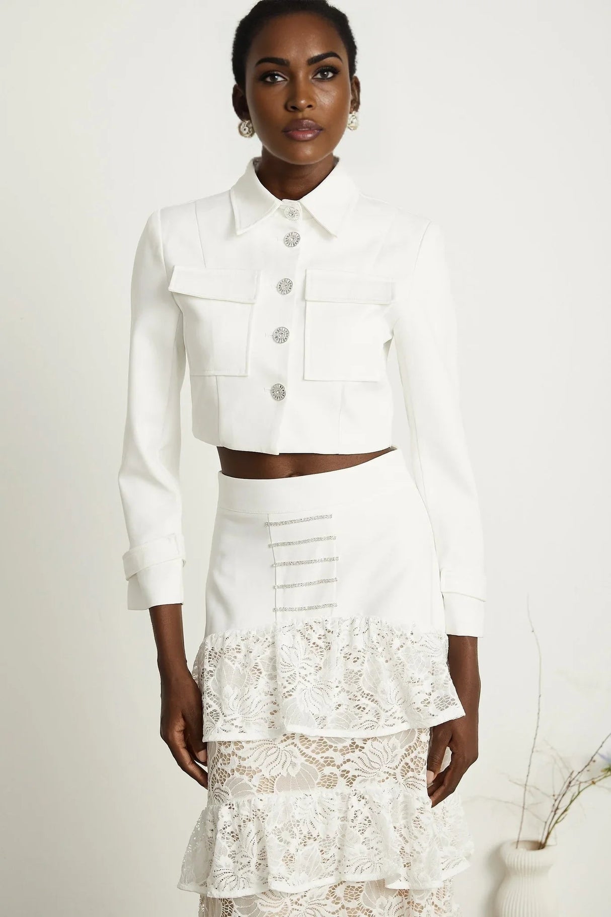 Aliyah Jacket & Skirt Set - Classic Collar - Rhinestone Embellished - Tiered Design - Silver - Tone Buttons - Ruffled Detailing