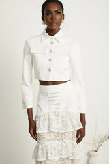 Aliyah Jacket & Skirt Set - Classic Collar - Rhinestone Embellished - Tiered Design - Silver - Tone Buttons - Ruffled Detailing