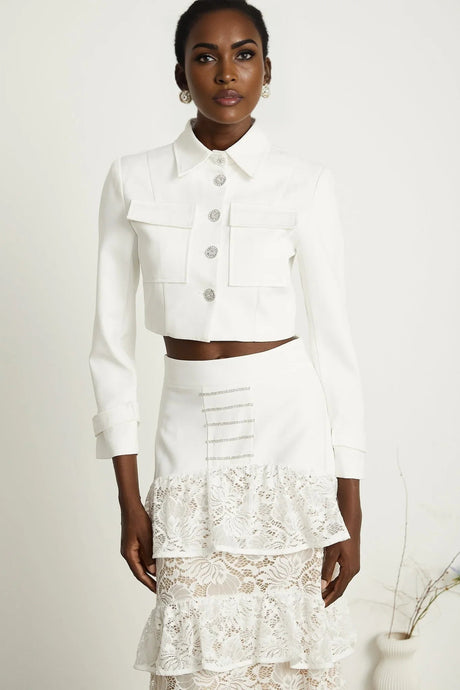 Aliyah Jacket & Skirt Set - Classic Collar - Rhinestone Embellished - Tiered Design - Silver - Tone Buttons - Ruffled Detailing