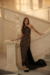 Alizée Brown Lace Panel Leopard Print Maxi Dress