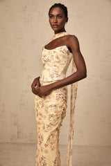 Alizee yellow floral print matching fitted top and skirt set on white background