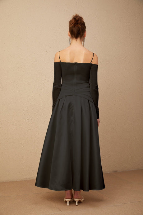 Allegra Maxi Dress - Off the Shoulder - Long Sleeves - Spaghetti Straps - Pleated Detailing - Flared Skirt