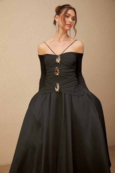 Allegra Maxi Dress - Off the Shoulder - Long Sleeves - Spaghetti Straps - Pleated Detailing - Flared Skirt