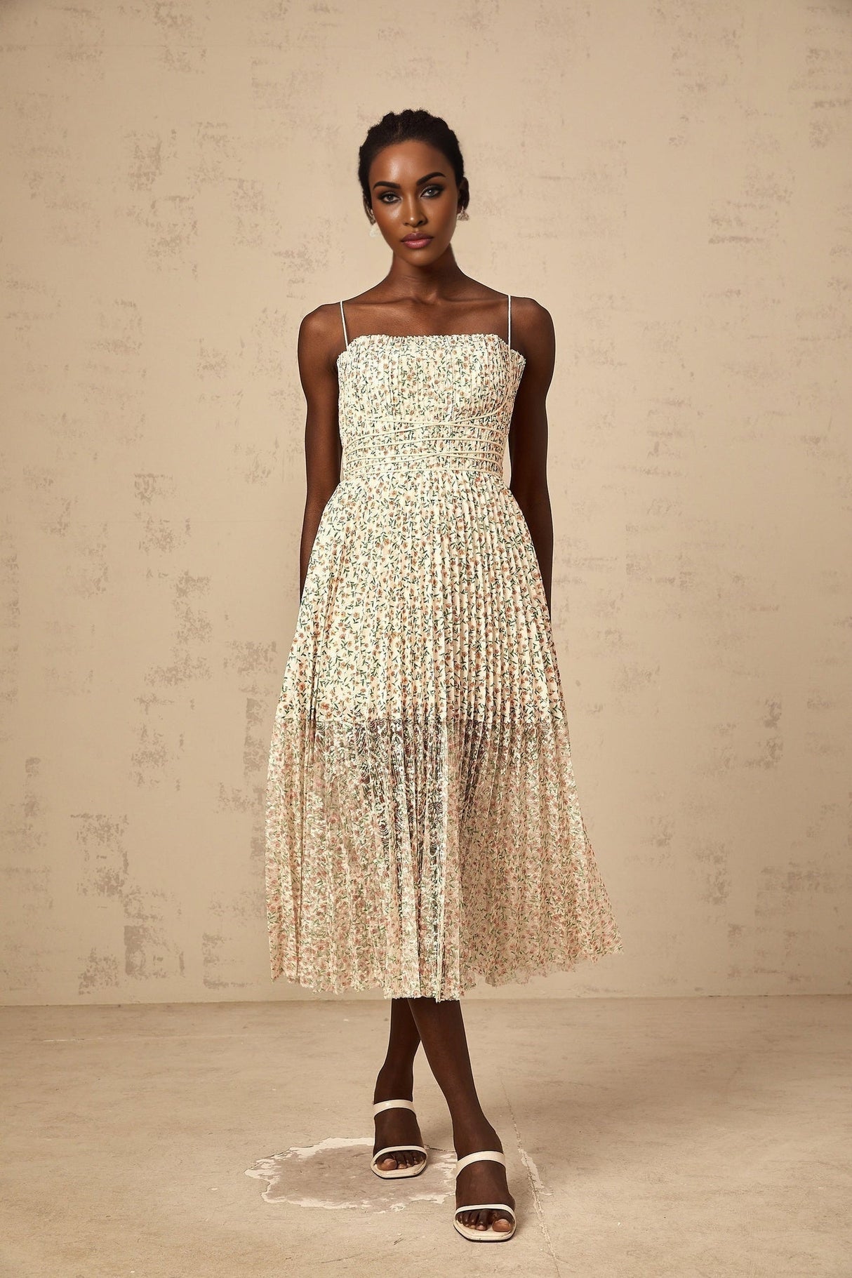 Allison Floral Midi Dress - Square Neck - Pleated Detailing - Spaghetti Straps - Rear Zip Fastening