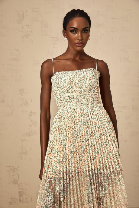 Allison Floral Midi Dress - Square Neck - Pleated Detailing - Spaghetti Straps - Rear Zip Fastening
