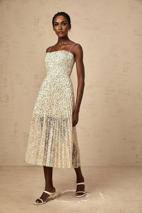 Allison Floral Midi Dress - Square Neck - Pleated Detailing - Spaghetti Straps - Rear Zip Fastening