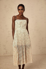 Allison Floral Midi Dress - Square Neck - Pleated Detailing - Spaghetti Straps - Rear Zip Fastening