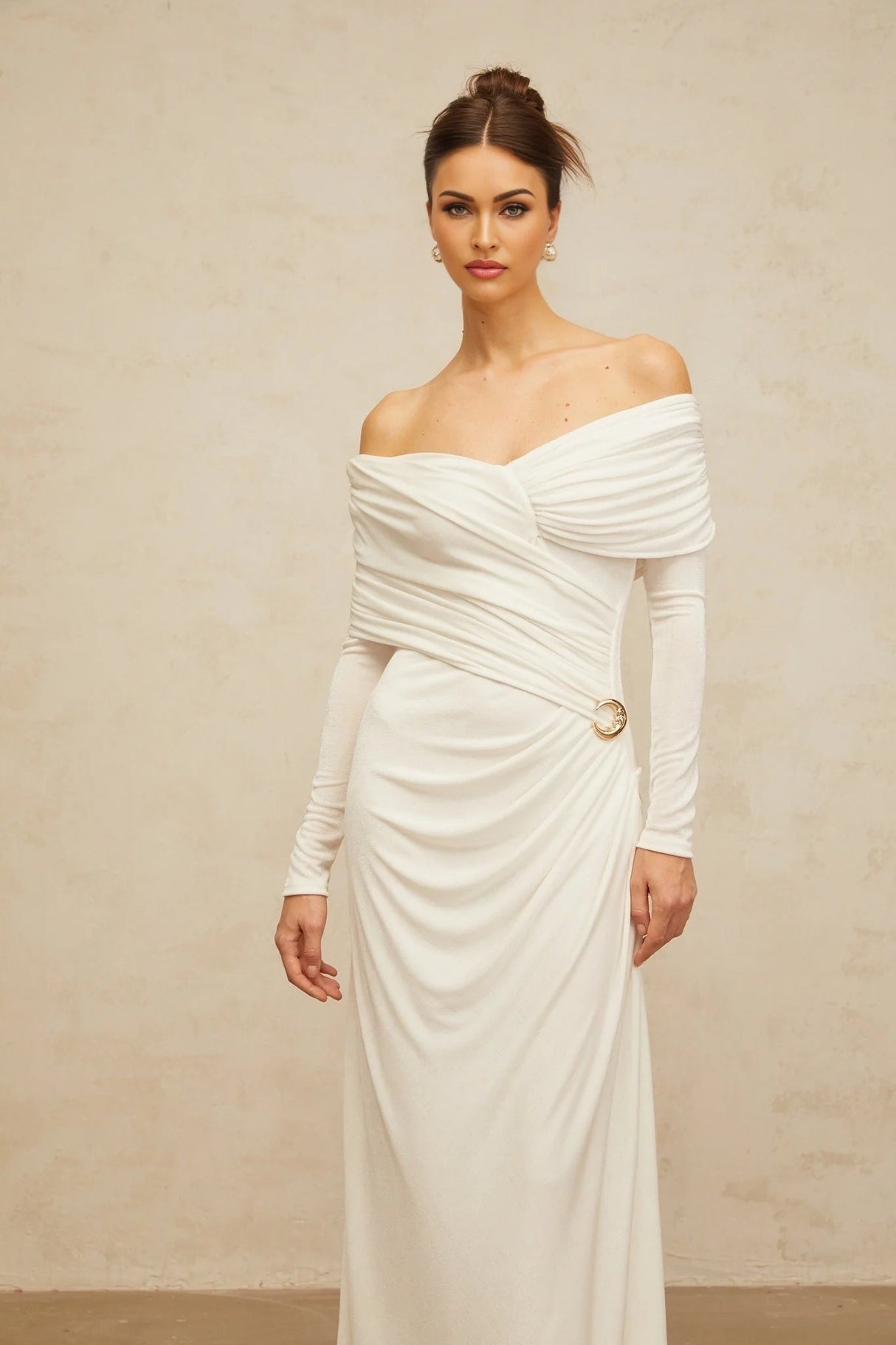 Allison Maxi Dress White Ruched Fitted Buckle Detailing Zip Fastening Elegance