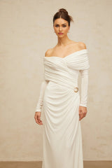 Allison Maxi Dress White Ruched Fitted Buckle Detailing Zip Fastening Elegance