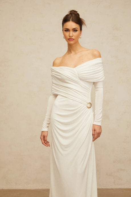 Allison Maxi Dress White Ruched Fitted Buckle Detailing Zip Fastening Elegance