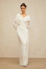 Allison Maxi Dress White Ruched Fitted Buckle Detailing Zip Fastening Elegance