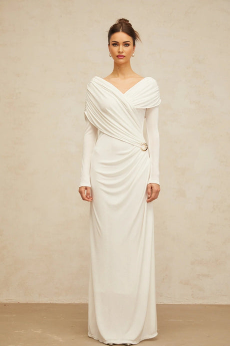 Allison Maxi Dress White Ruched Fitted Buckle Detailing Zip Fastening Elegance