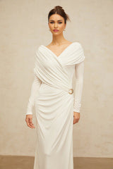 Allison Maxi Dress White Ruched Fitted Buckle Detailing Zip Fastening Elegance
