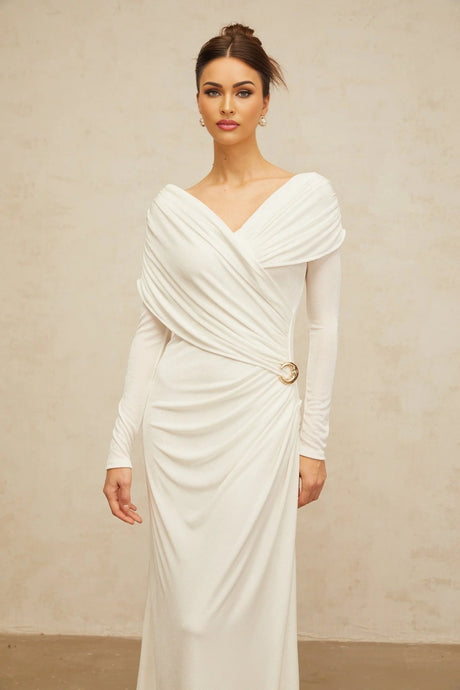 Allison Maxi Dress White Ruched Fitted Buckle Detailing Zip Fastening Elegance