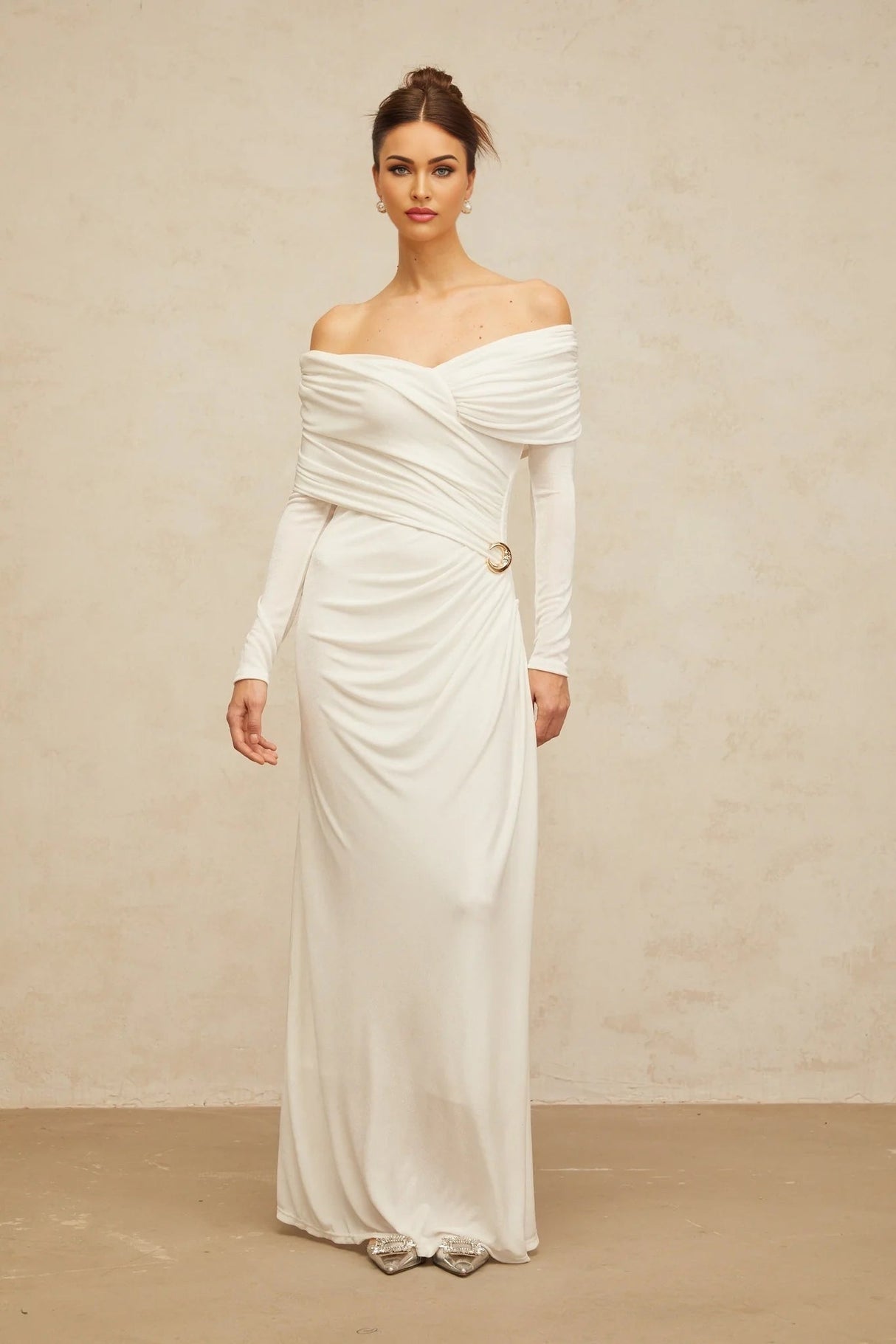 Allison Maxi Dress White Ruched Fitted Buckle Detailing Zip Fastening Elegance