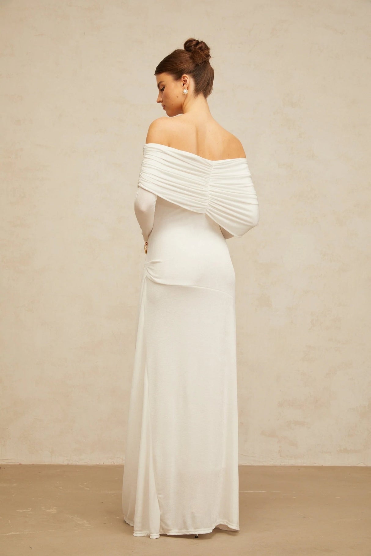 Allison Maxi Dress White Ruched Fitted Buckle Detailing Zip Fastening Elegance