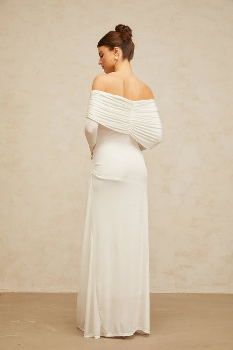 Allison Maxi Dress White Ruched Fitted Buckle Detailing Zip Fastening Elegance