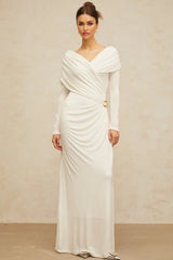 Allison Maxi Dress White Ruched Fitted Buckle Detailing Zip Fastening Elegance