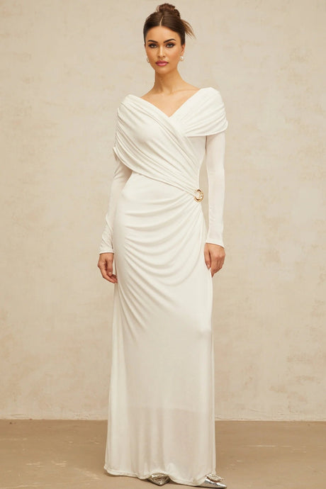 Allison Maxi Dress White Ruched Fitted Buckle Detailing Zip Fastening Elegance