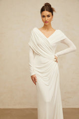 Allison Maxi Dress White Ruched Fitted Buckle Detailing Zip Fastening Elegance