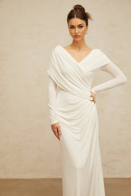Allison Maxi Dress White Ruched Fitted Buckle Detailing Zip Fastening Elegance