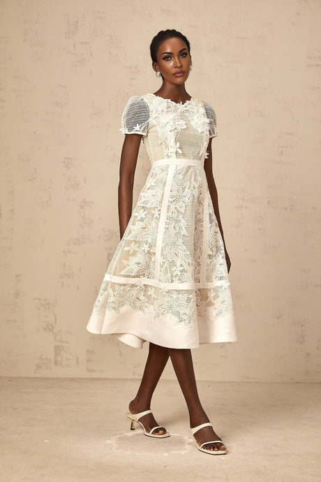 Allison Midi Dress - Classic Round Neck - Short Sleeves - Floral Embroidery - A - Line Style