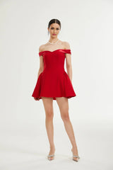 Allison Mini Dress - Strapless - Off the Shoulder - Fitted Waistline - Flared Skirt - Rear Zip Fastening
