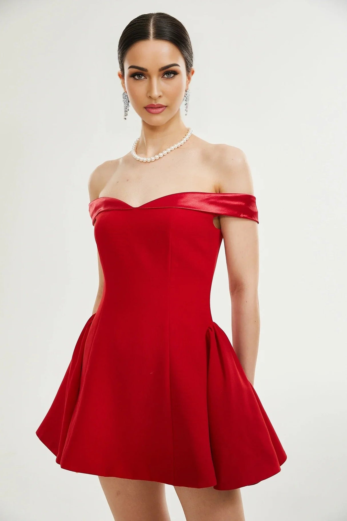 Allison Mini Dress - Strapless - Off the Shoulder - Fitted Waistline - Flared Skirt - Rear Zip Fastening
