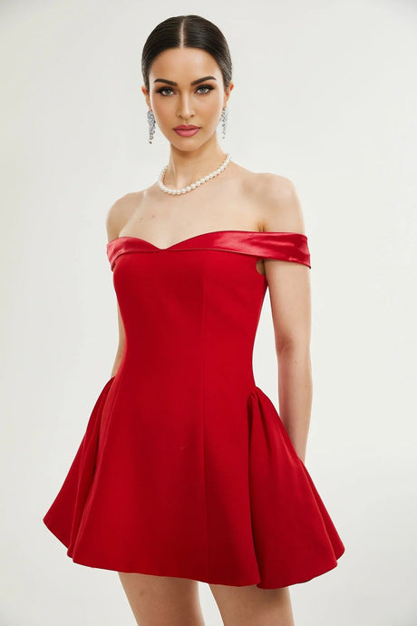 Allison Mini Dress - Strapless - Off the Shoulder - Fitted Waistline - Flared Skirt - Rear Zip Fastening