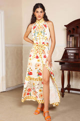 Allison White Floral Midi Dress with High Collar and Lace-Up Accents