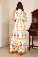 Allison White Floral Midi Dress High Collar Sleeveless Buttoned Front Cinched Waist Lace-Up Accents Tiered Hemline