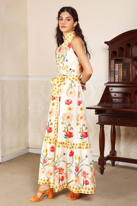 Allison White Floral Midi Dress High Collar Sleeveless Buttoned Front Cinched Waist Lace-Up Accents Tiered Hemline