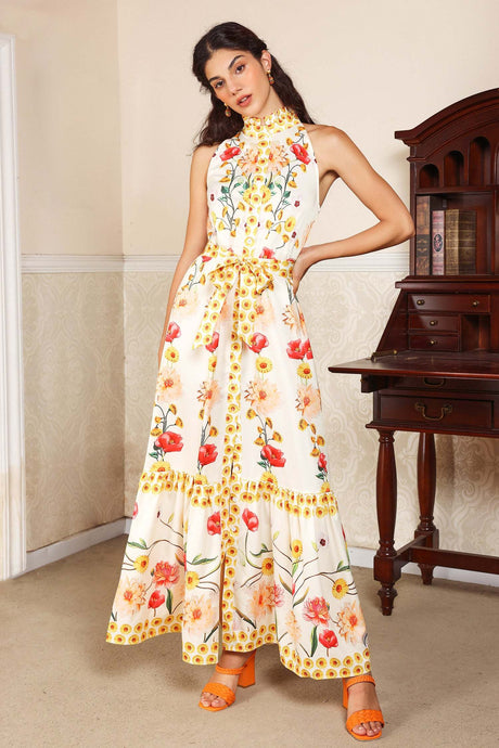 Allison White Floral Print Midi Dress with High Collar and Cinched Waist