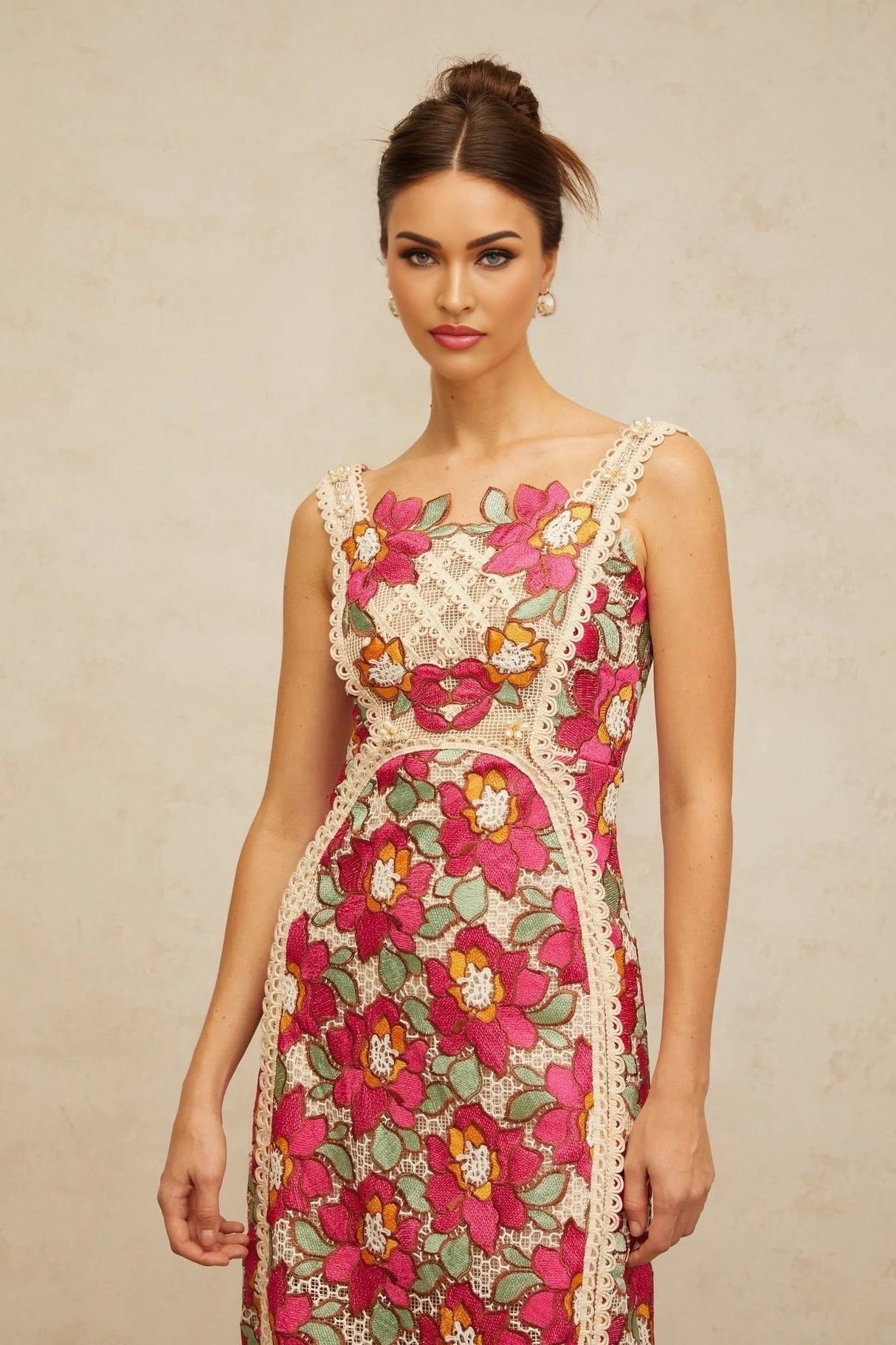 Alma Midi Dress Rose Pink Floral Embroidered