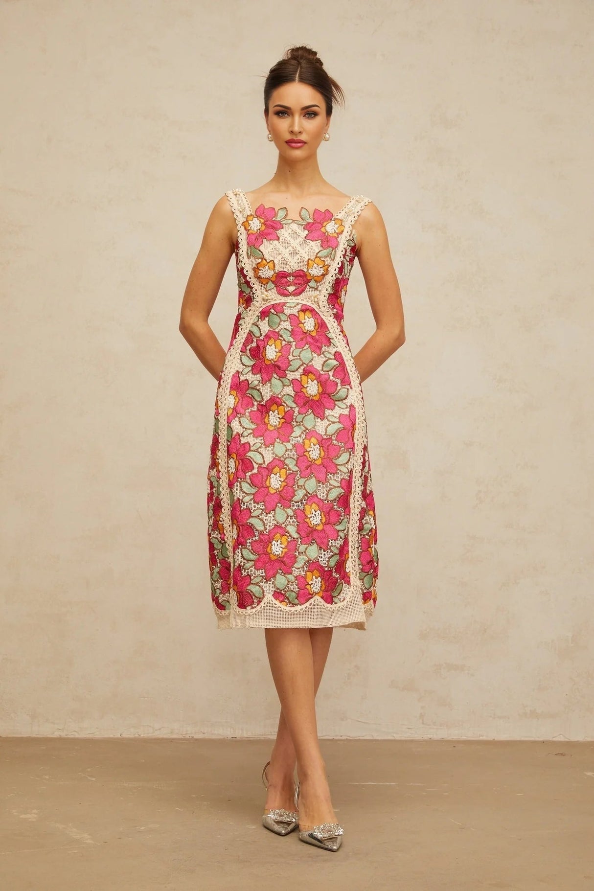 Alma Midi Dress Rose Pink Floral Embroidered