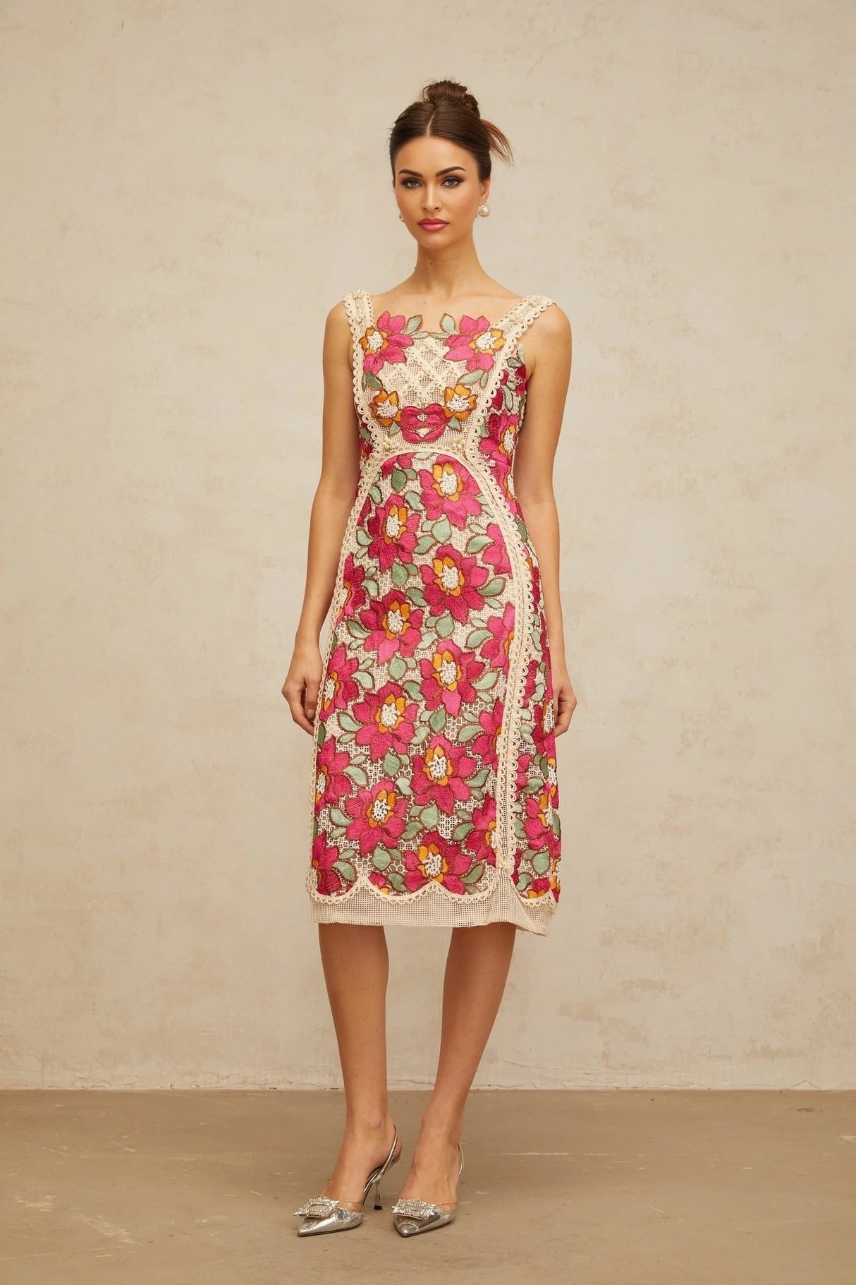 Alma Midi Dress Rose Pink Floral Embroidered