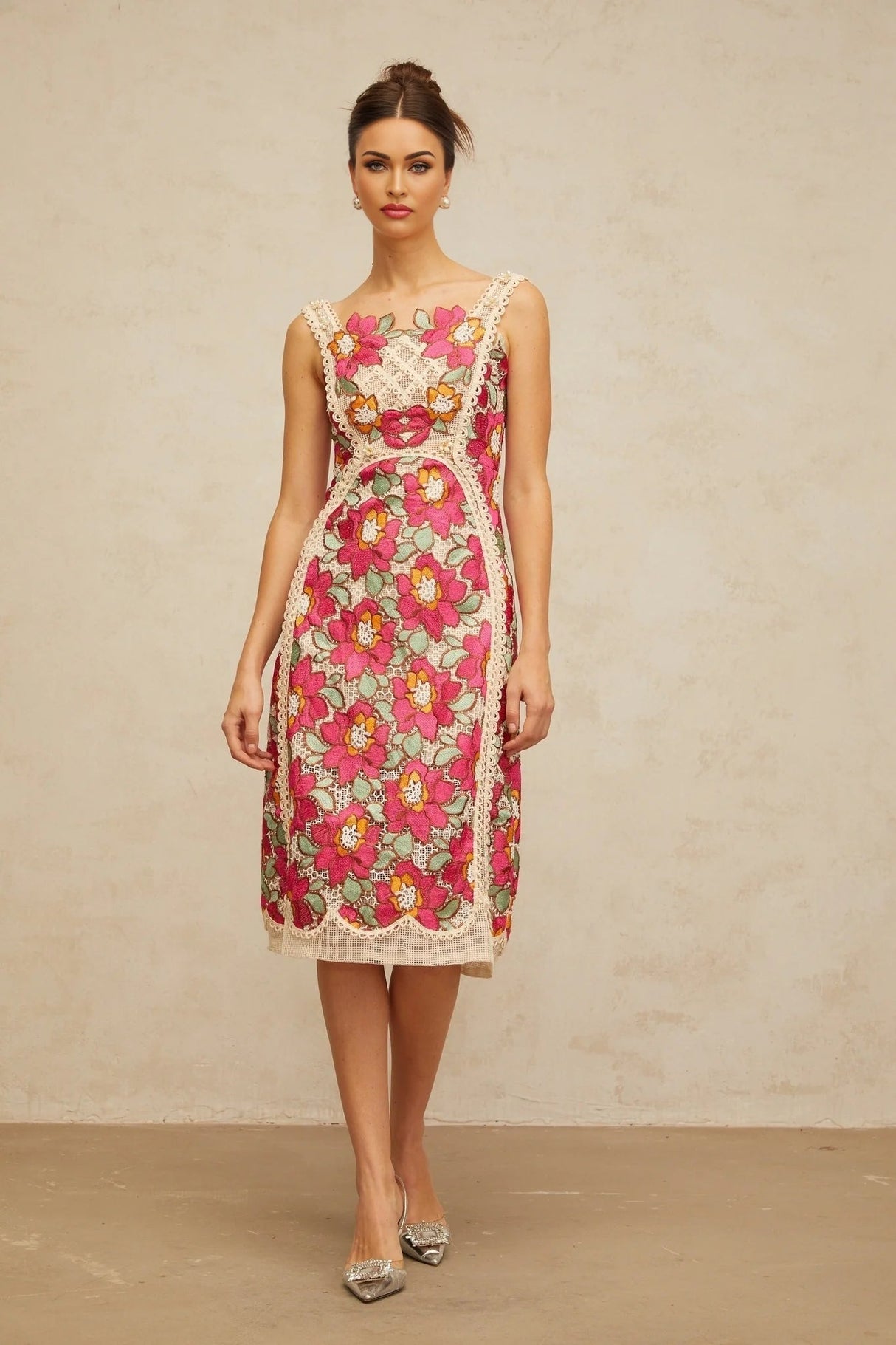 Alma Midi Dress Rose Pink Floral Embroidered