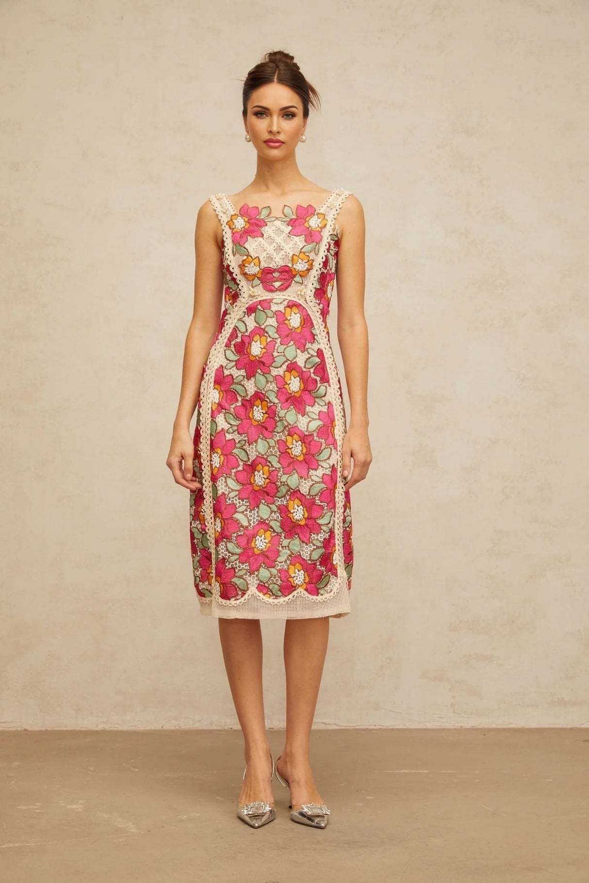 Alma Midi Dress Rose Pink Floral Embroidered
